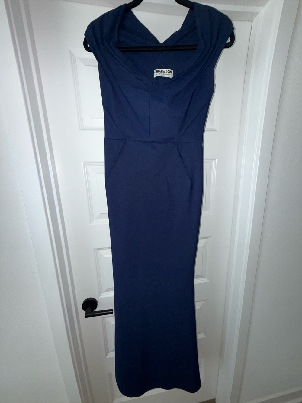 Chiara Boni La Petite Robe Ruched Navy Blue Long Trumpet Gown Maxi Dress 44